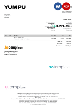 sample Switzerland Yumpu invoice Word and PDF template, fully editable download
