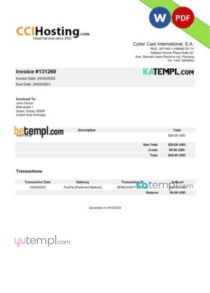 sample UAE Cyber Cast International invoice Word and PDF template download