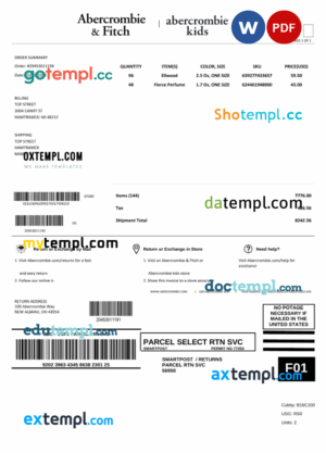 sample USA Abercrombie & Fitch invoice template Word and PDF template, fully editable download