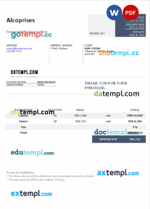 sample USA Alcoprises invoice template in Word and PDF format, fully editable download