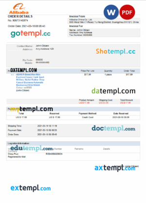 sample USA Alibaba invoice template in Word and PDF format, fully editable download