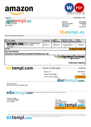 sample USA Amazon invoice template in Word and PDF format, fully editable download