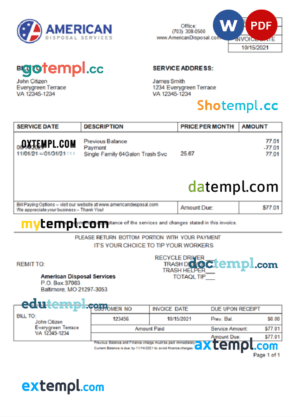 sample USA American Disposal invoice template in Word and PDF format, fully editable download