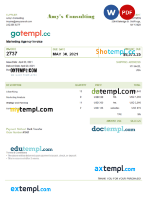 sample USA Amy’s Consulting invoice template in Word and PDF format, fully editable download
