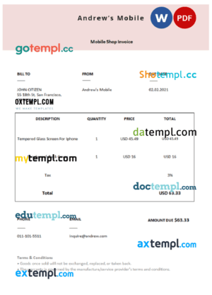 sample USA Andrew’s Mobile invoice template in Word and PDF format, fully editable download