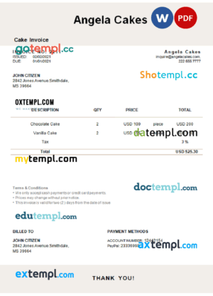 sample USA Angela Cakes invoice template in Word and PDF format, fully editable download