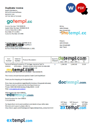 sample USA Apple invoice template in Word and PDF format, fully editable download