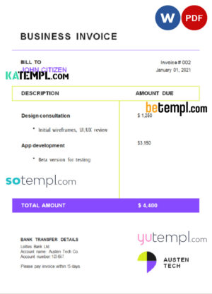 sample USA Austen Tech Company invoice template in Word and PDF format, fully editable download