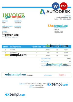 sample USA Autodesk invoice template in Word and PDF format, fully editable download