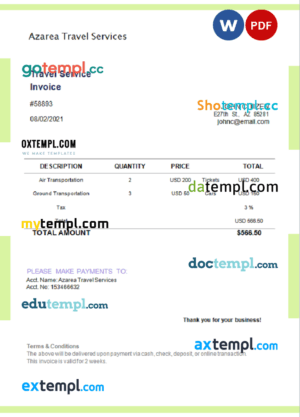 sample USA Azarea Travel Services invoice template in Word and PDF format, fully editable download