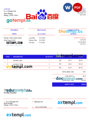 sample USA Baidu invoice template in Word and PDF format, fully editable download