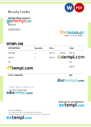 sample USA Beauty Looks invoice template in Word and PDF format, fully editable download