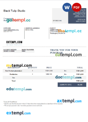 sample USA Black Tulip Studio invoice template in Word and PDF format, fully editable download