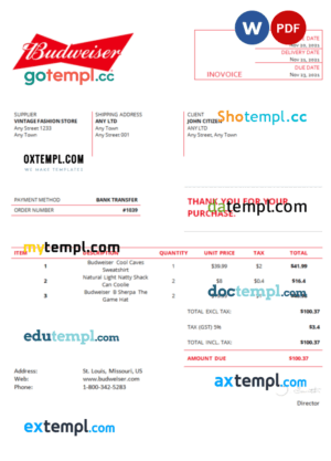 sample USA Budweiser invoice template in Word and PDF format, fully editable download
