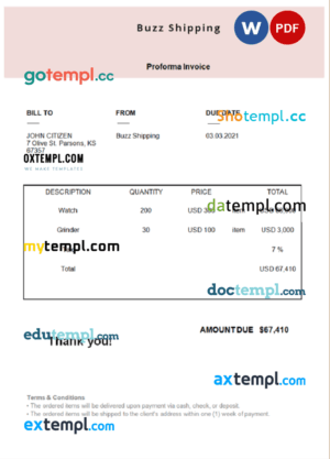 sample USA City Construction invoice template in Word and PDF format, fully editable download