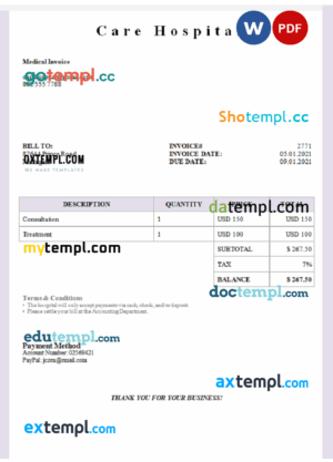 sample USA Care Hospital invoice template in Word and PDF format, fully editable download