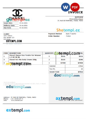 sample USA Chanel invoice template in Word and PDF format, fully editable download