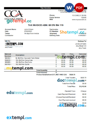 sample USA Coca-Cola invoice template in Word and PDF format, fully editable download
