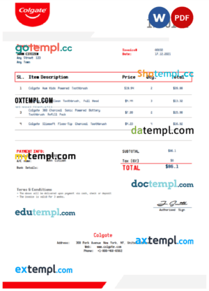 sample USA Colgate invoice template in Word and PDF format, fully editable download