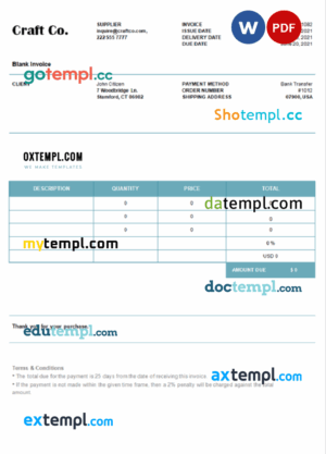 sample USA Craft Co. invoice template in Word and PDF format, fully editable download
