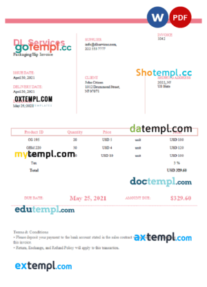 sample USA DL Services invoice template in Word and PDF format, fully editable download