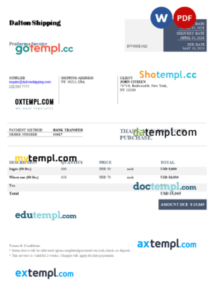 sample USA Dalton Shipping invoice template in Word and PDF format, fully editable download