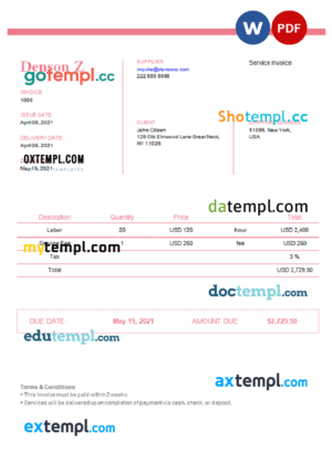 sample USA Denson Z invoice template in Word and PDF format, fully editable download