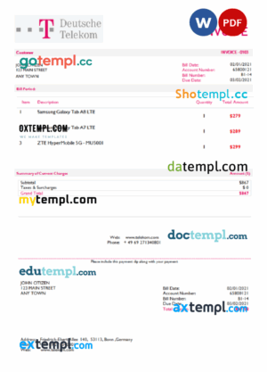 sample USA Deutsche Telecom invoice template in Word and PDF format, fully editable download