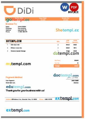 sample USA Didi Chuxing invoice template in Word and PDF format, fully editable download