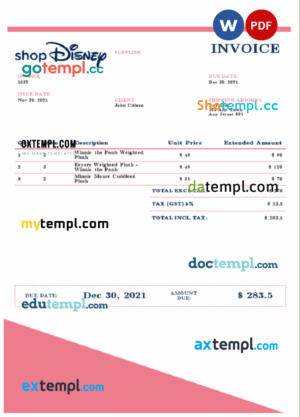 sample USA Disney invoice template in Word and PDF format, fully editable download