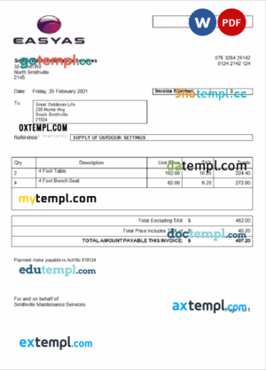 sample USA Easyas Driver Training invoice template in Word and PDF format, fully editable download