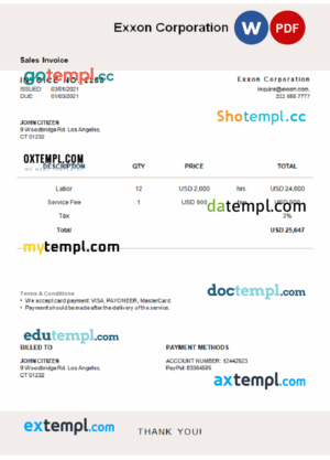 sample USA Exxon Corporation invoice template in Word and PDF format, fully editable download