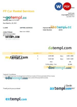 sample USA FF Car Rental Services invoice template in Word and PDF format, fully editable download
