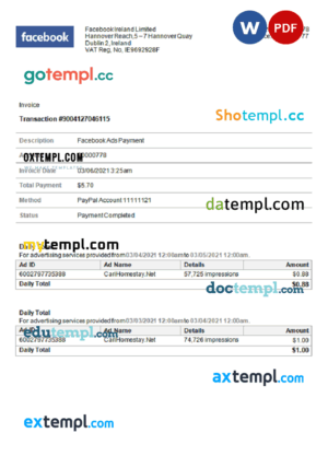 sample USA Facebook invoice template in Word and PDF format, fully editable download