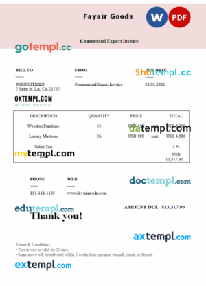 sample USA Fayair Goods invoice template in Word and PDF format, fully editable download