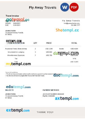 sample USA Fly Away Travels invoice template in Word and PDF format, fully editable download