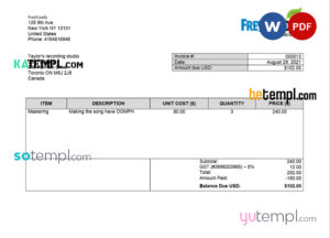 sample USA FreshBooks Company invoice template in Word and PDF format, fully editable download