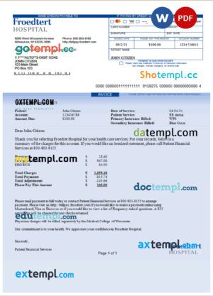 sample USA Froedtert Hospital invoice template in Word and PDF format, fully editable download