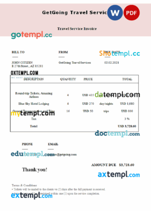 sample USA GetGoing Travel Services invoice template in Word and PDF format, fully editable download