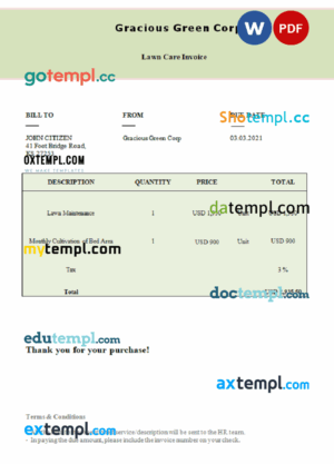 sample USA Gracious Green Corp invoice template in Word and PDF format, fully editable download