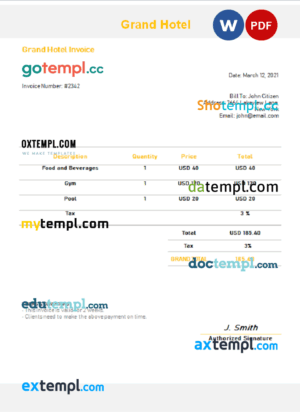 sample USA Grand Hotel invoice template in Word and PDF format, fully editable download