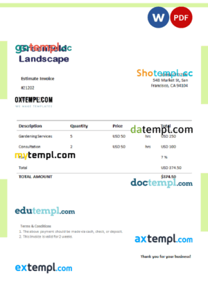 sample USA Greenfield Landscape invoice template in Word and PDF format, fully editable download