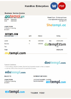 sample USA Hamilton Enterprises invoice template in Word and PDF format, fully editable download