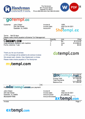 sample USA Handyman Home Service Company invoice template in Word and PDF format, fully editable download
