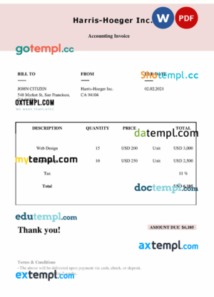 sample USA Harris-Hoeger Inc. invoice template in Word and PDF format, fully editable download