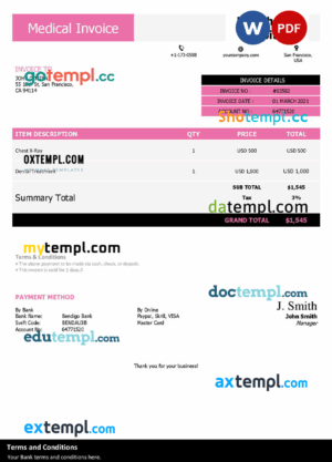 sample USA Healthcare Hospitals invoice template in Word and PDF format, fully editable download
