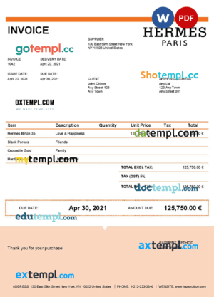 sample USA Hermes invoice template in Word and PDF format, fully editable download