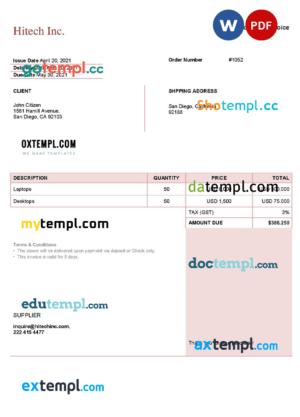 sample USA Hitech Inc. invoice template in Word and PDF format, fully editable download