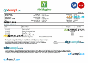 sample USA Holiday Inn InterContinental Hotels Group invoice template in Word and PDF format, fully editable download