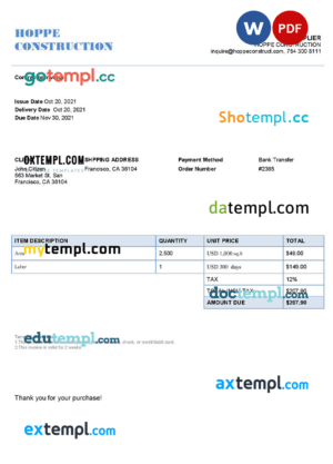 sample USA Hope Construction invoice template in Word and PDF format, fully editable download